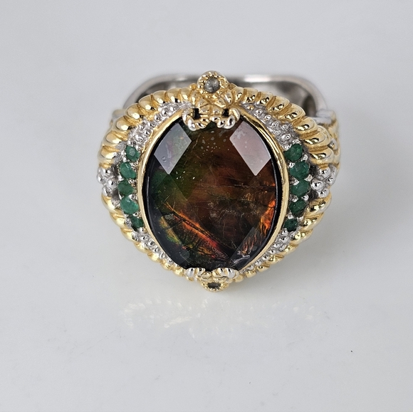 Rare Natural Ammolite & Emerald Ring Palladium Sterling Silver 18k Size 8! - Picture 2 of 11